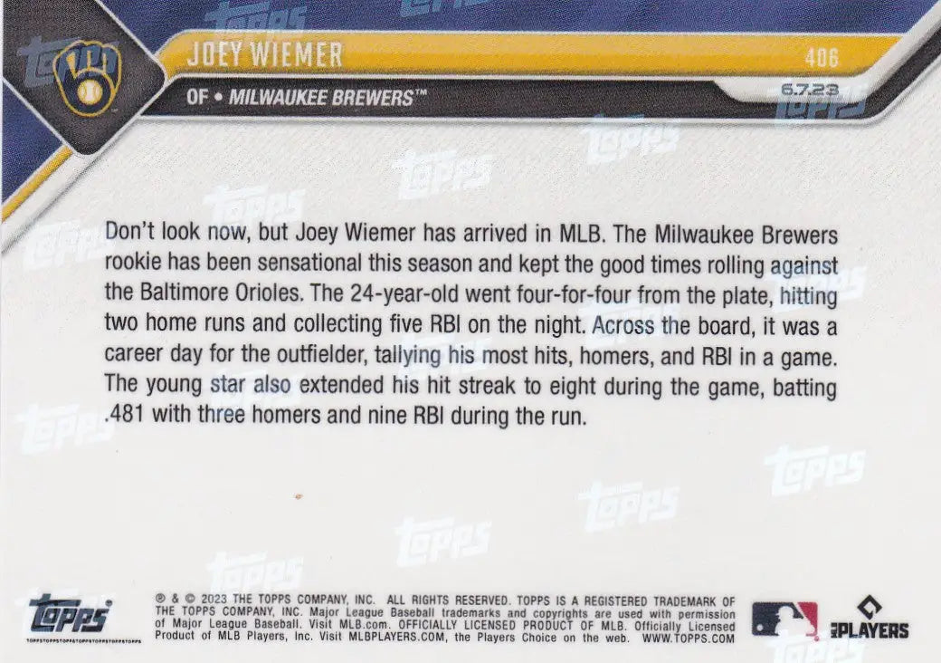 2023 TOPPS NOW #406 JOEY WIEMER- MILWAUKEE BREWERS - Baseball Card Single