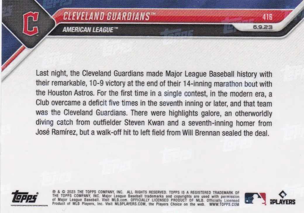 2023 TOPPS NOW #416 CLEVELAND GUARDIANS - Baseball Card Single