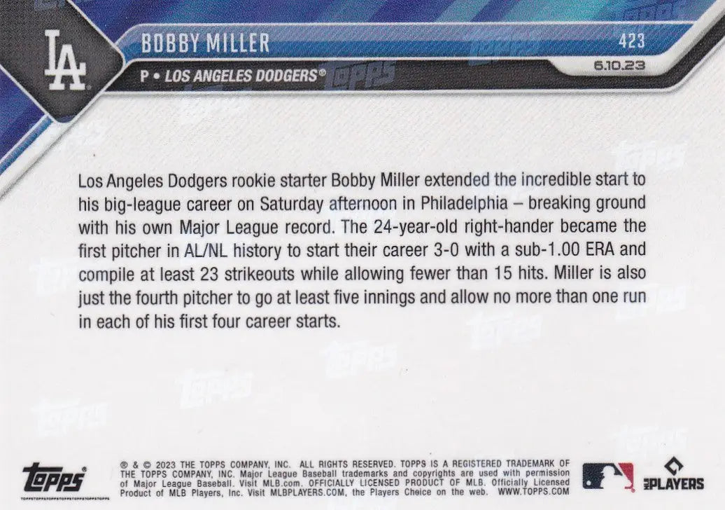 2023 TOPPS NOW #423 BOBBY MILLER- LOS ANGELES DODGERS - Baseball Card Single