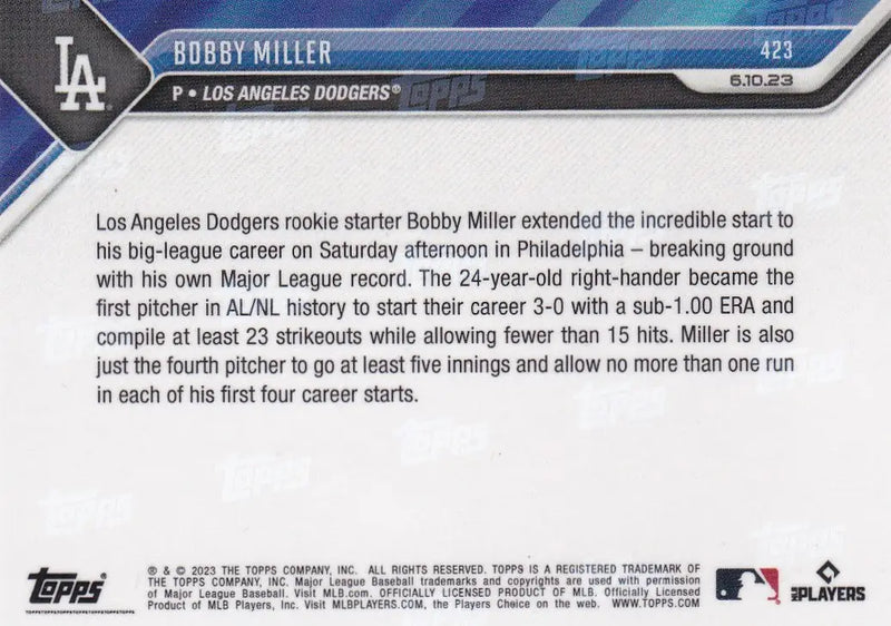 2023 TOPPS NOW #423 BOBBY MILLER- LOS ANGELES DODGERS - Baseball Card Single