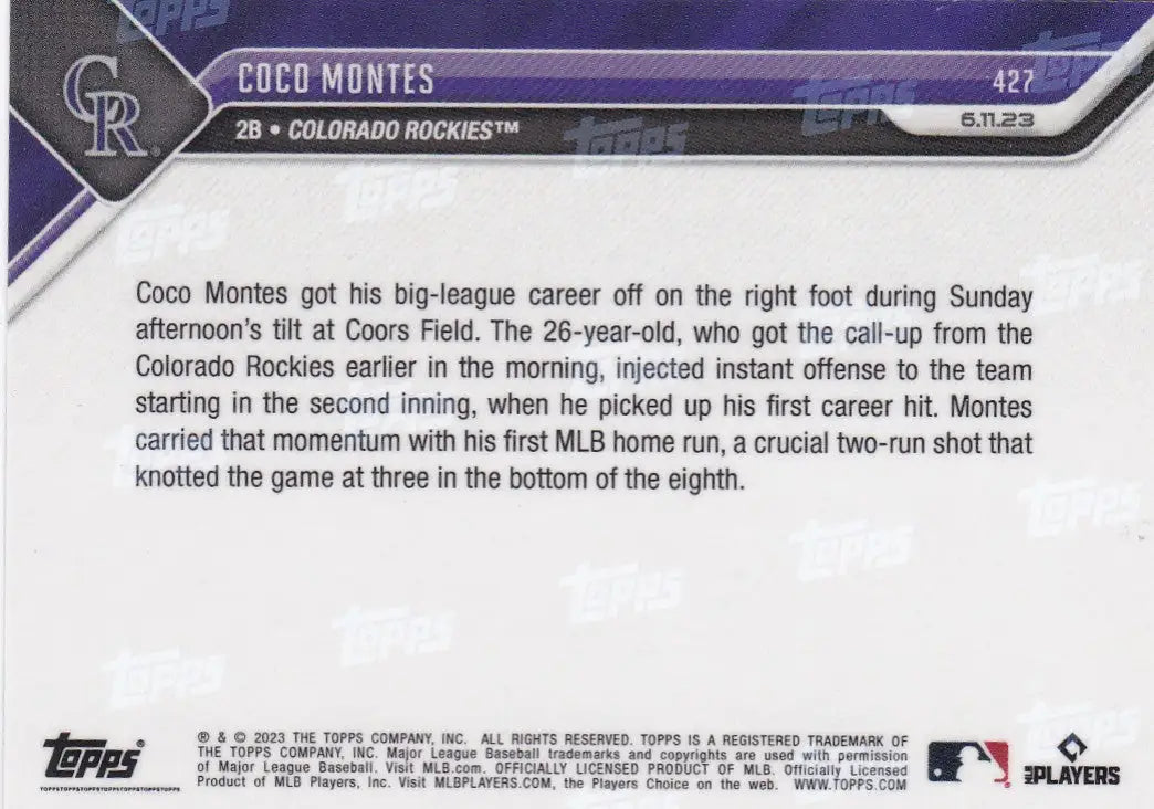 2023 TOPPS NOW #427 COCO MONTES- COLORADO ROCKIES - Baseball Card Single