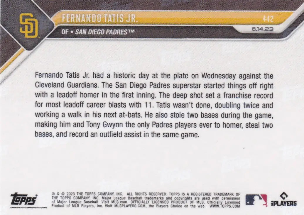 2023 TOPPS NOW #442 FERNANDO TATIS JR- SAN DIEGO PADRES - Baseball Card Single