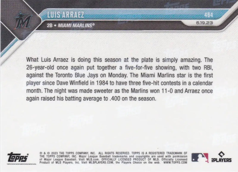 2023 TOPPS NOW #464 LUIS ARRAEZ- MIAMI MARLINS - Baseball Card Single