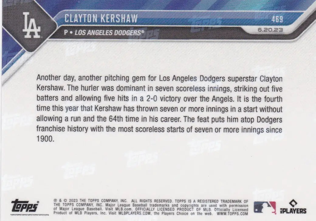 2023 TOPPS NOW #469 CLAYTON KERSHAW- LOS ANGELES DODGERS - Baseball Card Single
