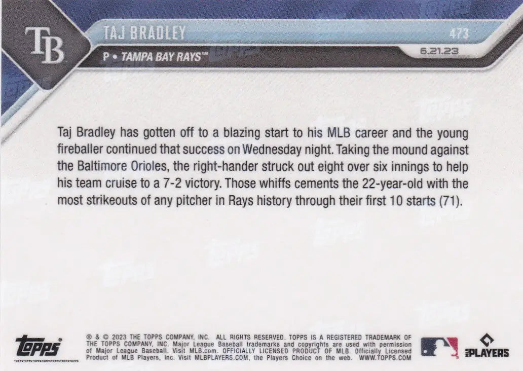 2023 TOPPS NOW #473 TAJ BRADLEY- TAMPA BAY RAYS - Baseball Card Single