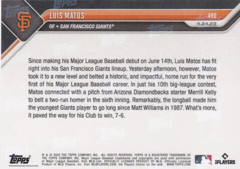 2023 TOPPS NOW #490 LUIS MATOS- SAN FRANCISCO GIANTS - Baseball Card Single
