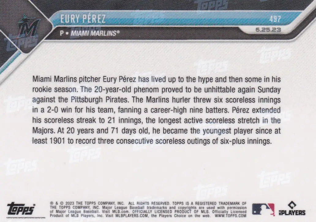 2023 TOPPS NOW #497 EURY PEREZ- MIAMI MARLINS - Baseball Card Single