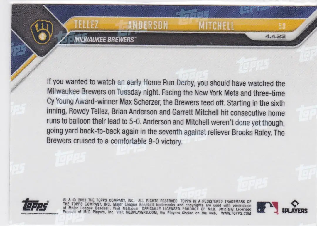 2023 TOPPS NOW #50 TELLEZ & ANDERSON & MITCHELL- MILWAUKEE BREWERS - Baseball Card Single