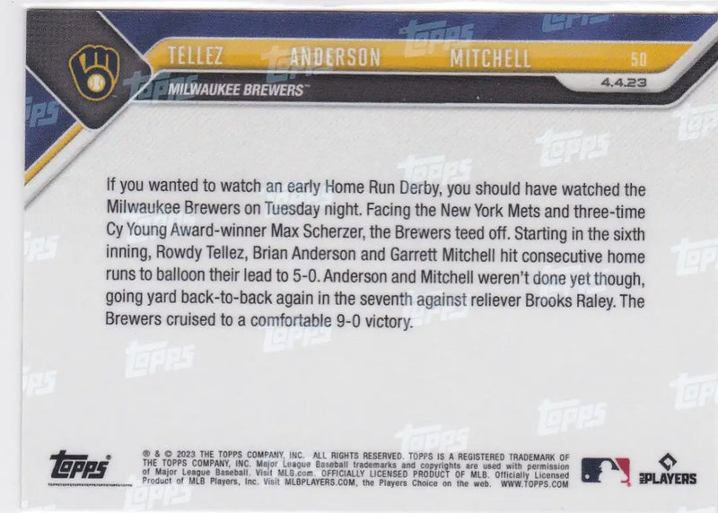 2023 TOPPS NOW #50 TELLEZ & ANDERSON & MITCHELL- MILWAUKEE BREWERS - Baseball Card Single