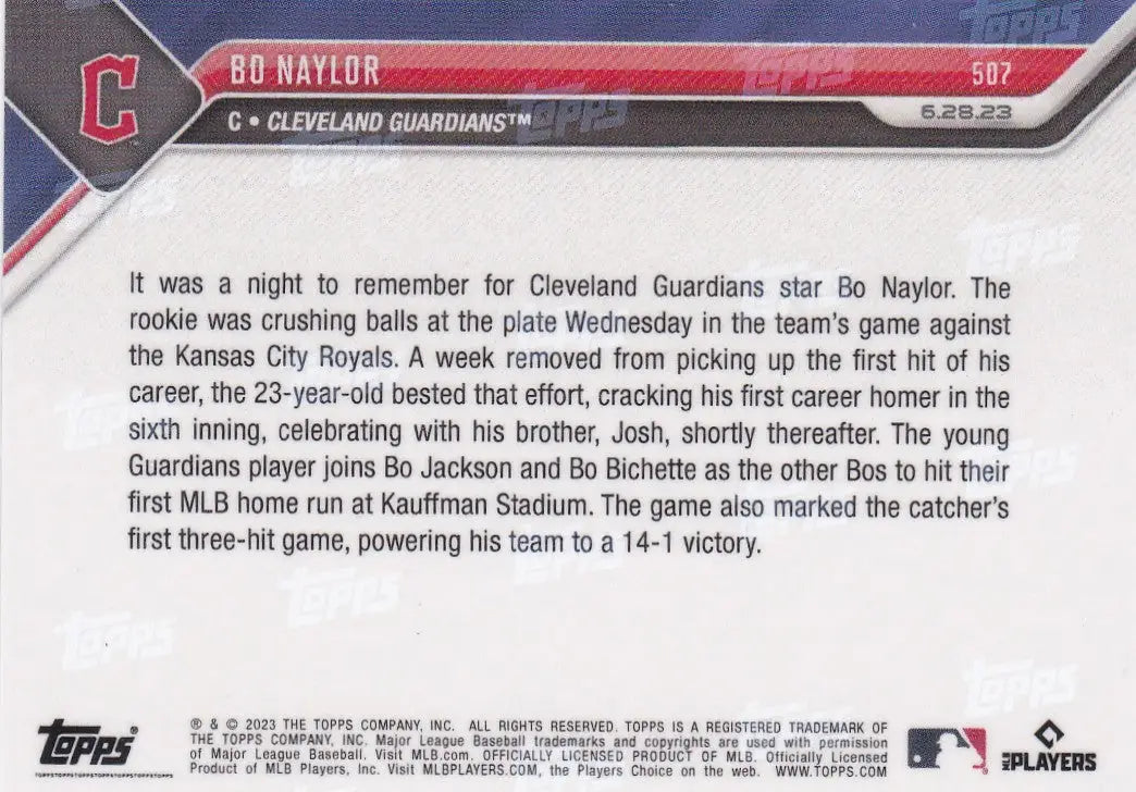 2023 TOPPS NOW #507 BO NAYLOR- CLEVELAND GUARDIANS - Baseball Card Single