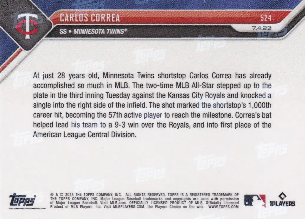 2023 TOPPS NOW #524 CARLOS CORREA- MINNESOTA TWINS - Baseball Card Single