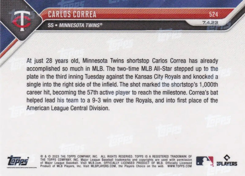 2023 TOPPS NOW #524 CARLOS CORREA- MINNESOTA TWINS - Baseball Card Single