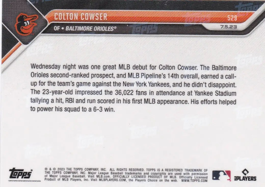 2023 TOPPS NOW #529 COLTON COWSER- BALTIMORE ORIOLES - Baseball Card Single
