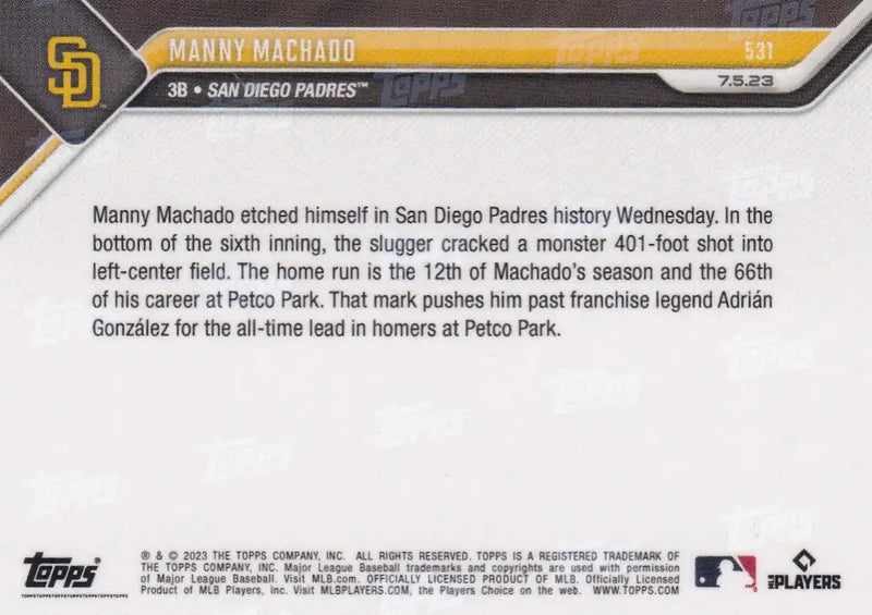 2023 TOPPS NOW #531 MANNY MACHADO- SAN DIEGO PADRES - Baseball Card Single