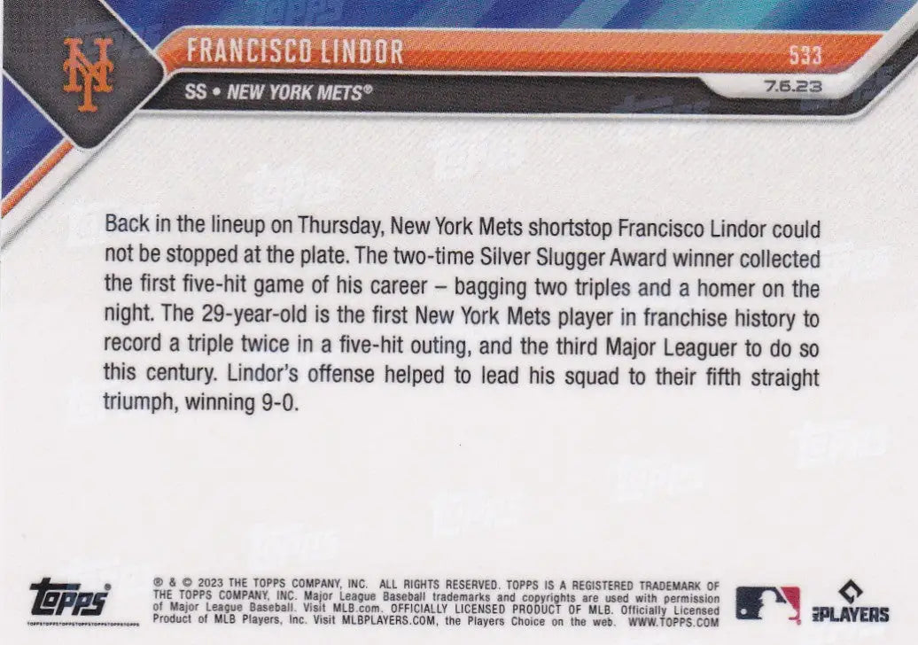 2023 TOPPS NOW #533 FRANCISCO LINDOR- NEW YORK METS - Baseball Card Single