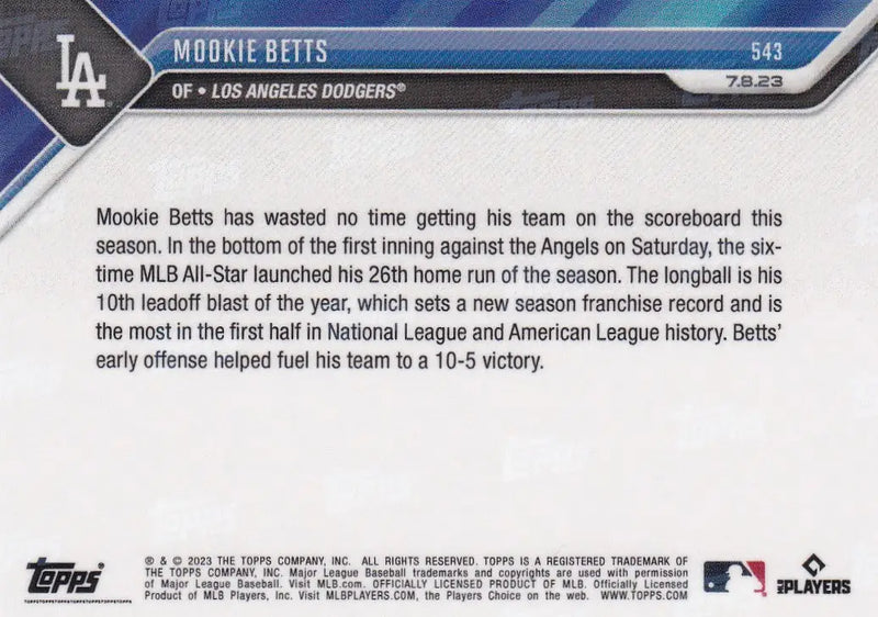 2023 TOPPS NOW #543 MOOKIE BETTS- LOS ANGELES DODGERS - Baseball Card Single