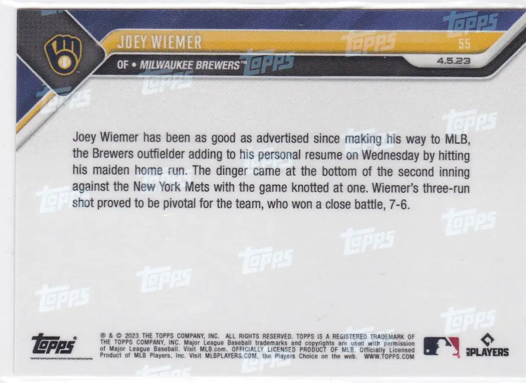 Baseball trading card featuring Joey Wiemer of the Milwaukee Brewers.