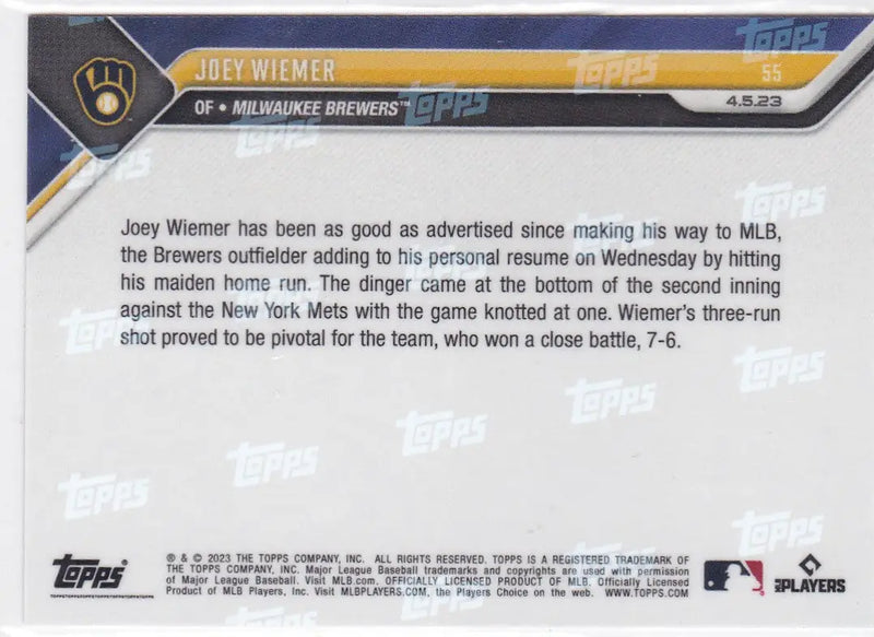Baseball trading card featuring Joey Wiemer of the Milwaukee Brewers.