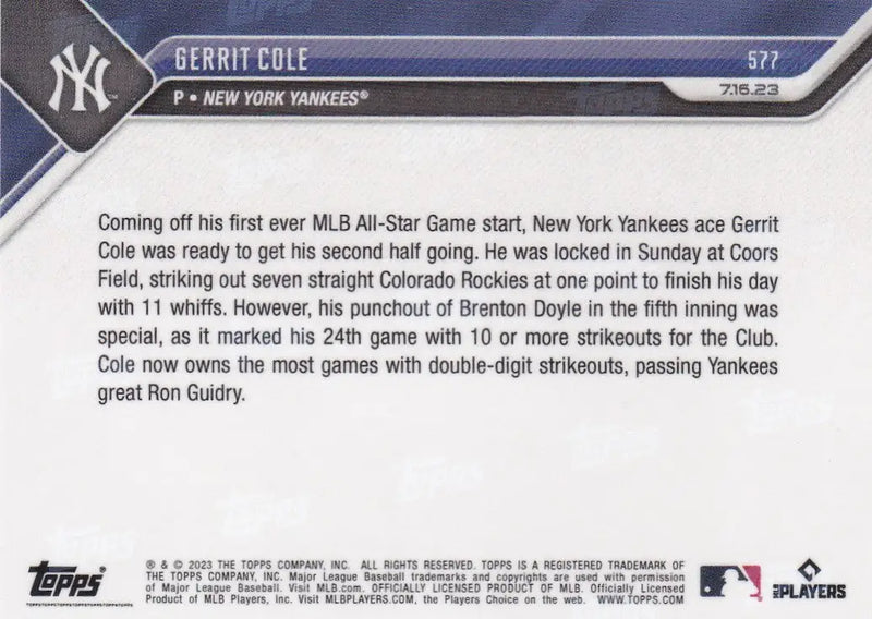 2023 TOPPS NOW #577 GERRIT COLE- NEW YORK YANKEES - Baseball Card Single
