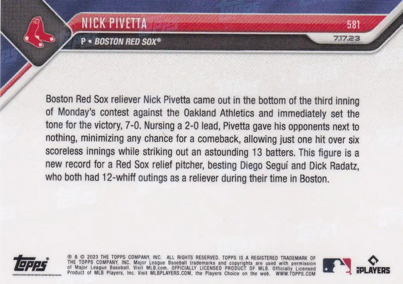 2023 TOPPS NOW #581 NICK PIVETTA- BOSTON RED SOX - Baseball Card Single