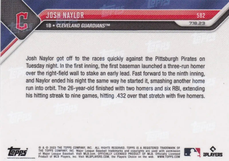2023 TOPPS NOW #582 JOSH NAYLOR- CLEVELAND GUARDIANS - Baseball Card Single