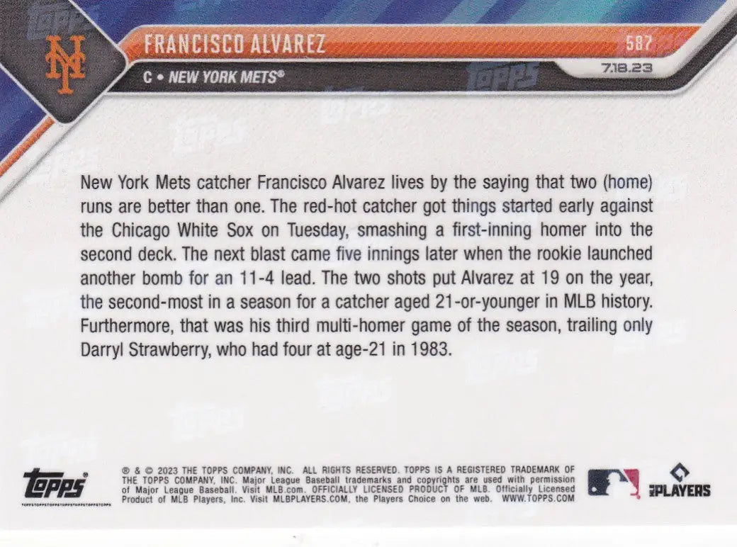 2023 TOPPS NOW #587 FRANCISCO ALVAREZ- NEW YORK METS - Baseball Card Single
