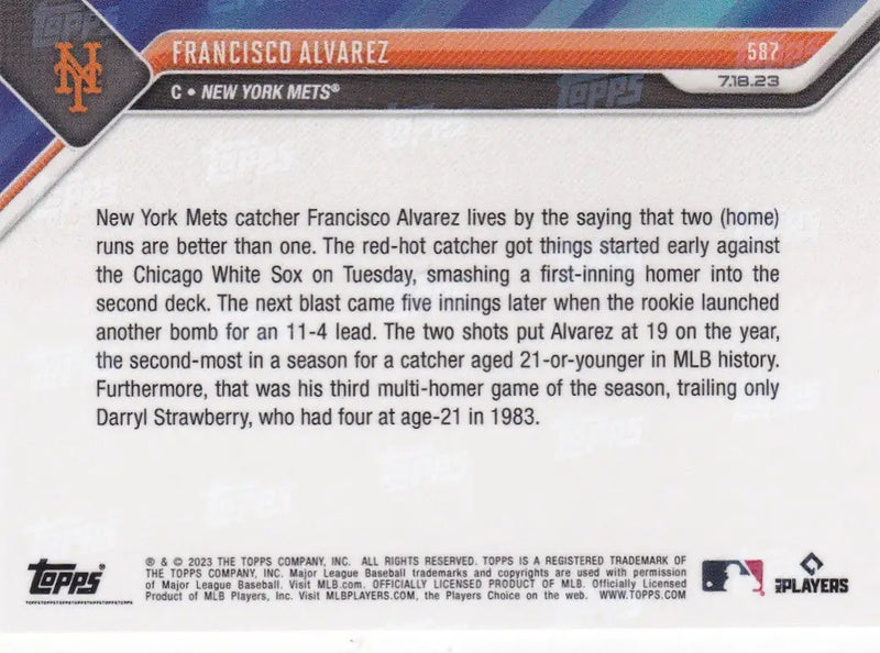 2023 TOPPS NOW #587 FRANCISCO ALVAREZ- NEW YORK METS - Baseball Card Single