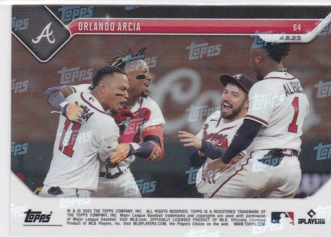 Topps baseball card featuring Atlanta Braves players celebrating, Orlando Arcia Atlanta edition