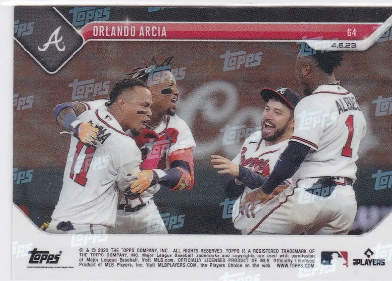 Topps baseball card featuring Atlanta Braves players celebrating, Orlando Arcia Atlanta edition