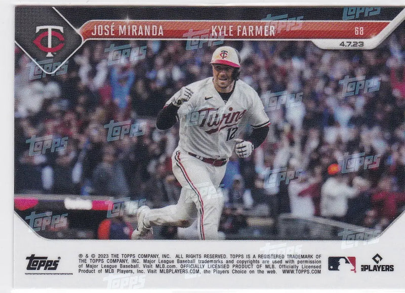 Baseball trading card of Jose Miranda and Kyle Farmer Minnesota Twins player running field