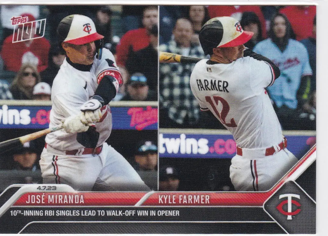 Baseball card featuring Jose Miranda and Kyle Farmer Minnesota Twins 2023 TOPPS NOW
