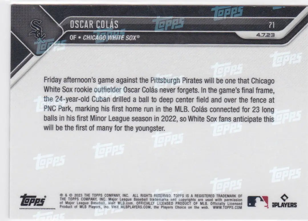 Baseball trading card of Oscar Colás for Chicago White Sox 2023 TOPPS NOW
