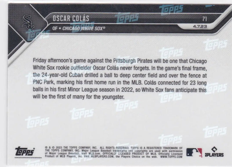 Baseball trading card of Oscar Colás for Chicago White Sox 2023 TOPPS NOW