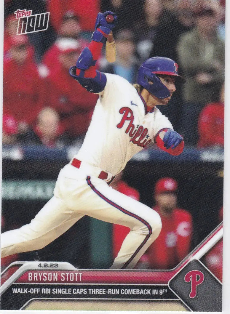 Baseball trading card of Byrson Stott Philadelphia Phillies player in white uniform