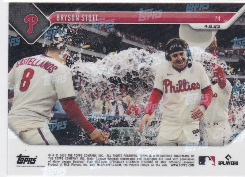 Baseball trading card of Byrson Stott Philadelphia Phillies being water-doused by teammate