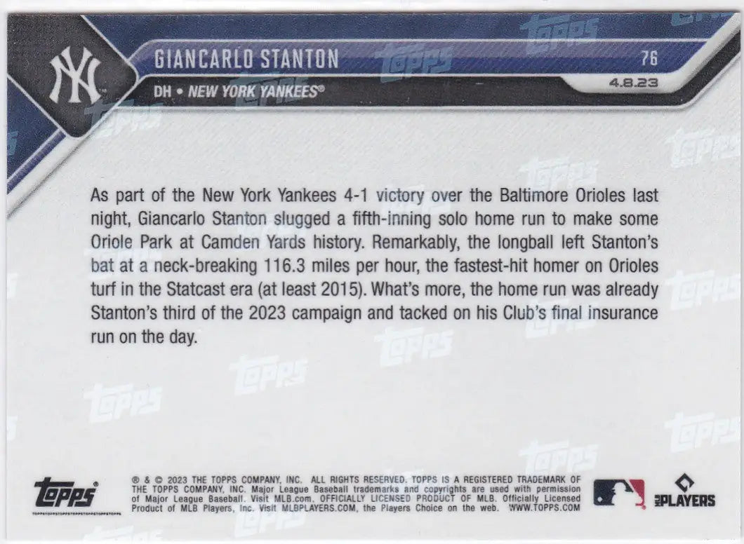 Giancarlo Stanton New York Yankees baseball card from 2023 TOPPS NOW series