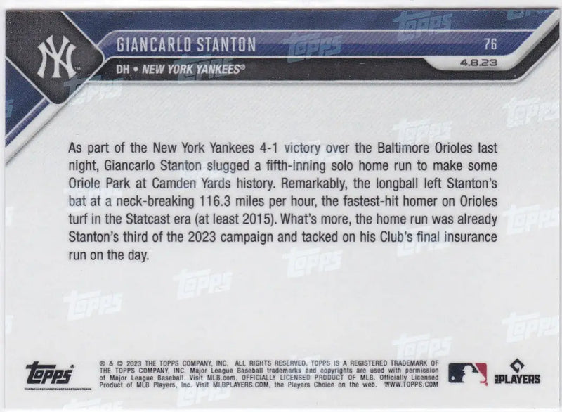 Giancarlo Stanton New York Yankees baseball card from 2023 TOPPS NOW series
