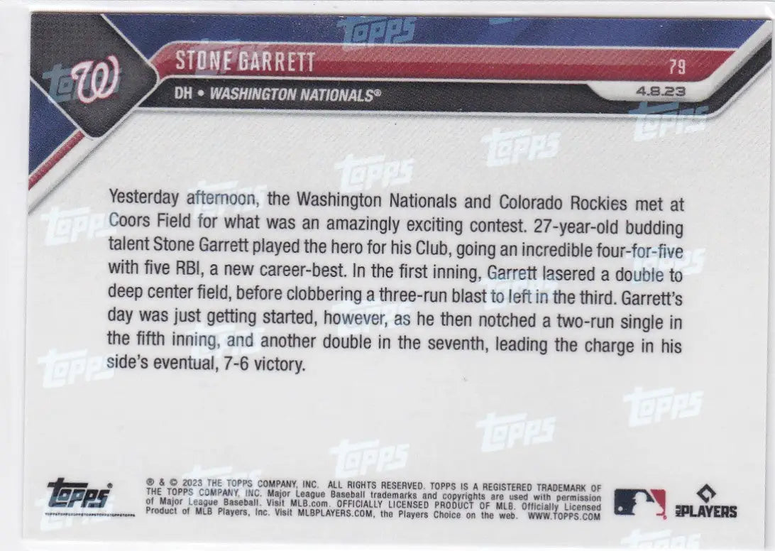 Baseball trading card of Stone Garrett Washington Nationals 2023 TOPPS NOW #79