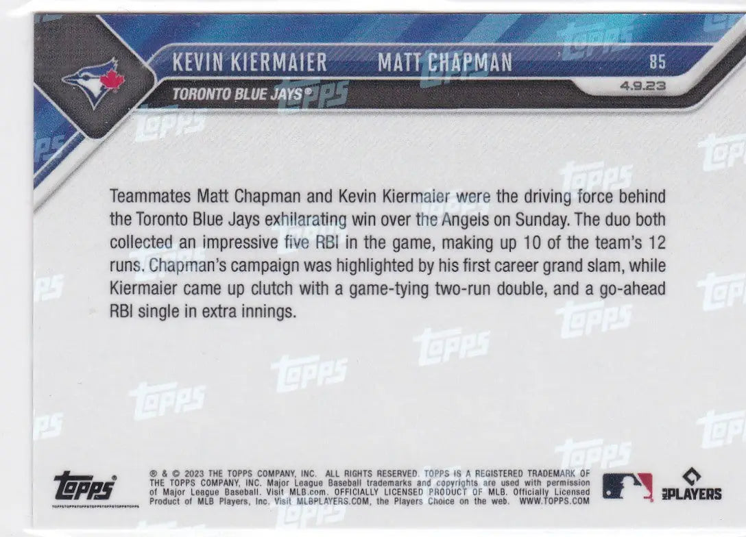 Baseball trading card featuring Toronto Blue Jays players Kevin Kiermaier and Matt Chapman