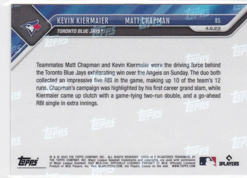 Baseball trading card featuring Toronto Blue Jays players Kevin Kiermaier and Matt Chapman