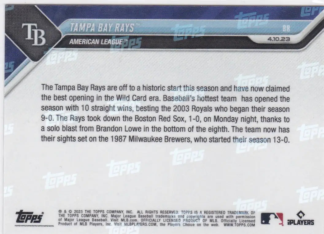 Back of a Tampa Bay Rays baseball card from 2023 TOPPS NOW #88 featuring Tampa Bay Rays