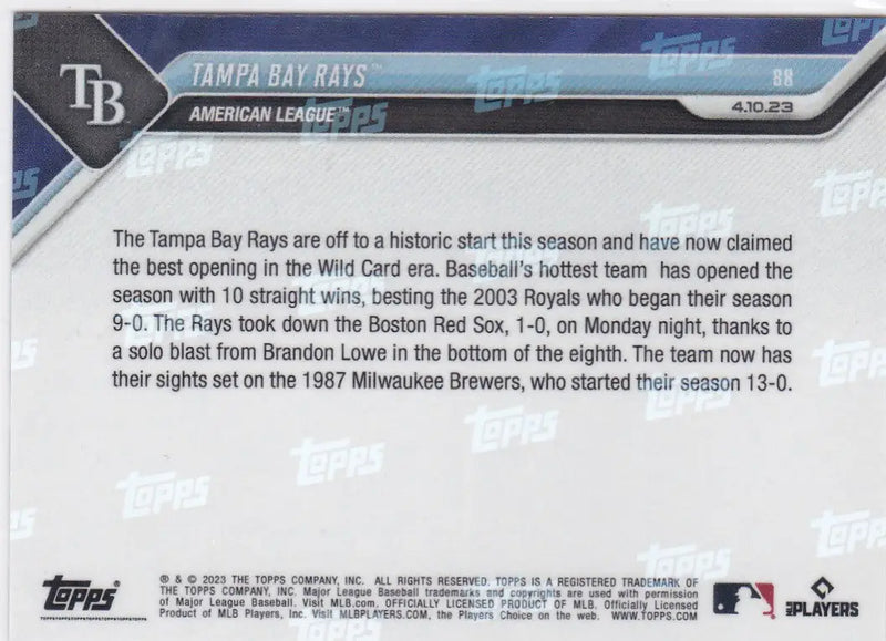 Back of a Tampa Bay Rays baseball card from 2023 TOPPS NOW #88 featuring Tampa Bay Rays