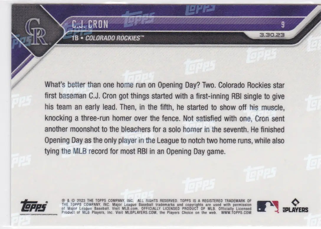 2023 TOPPS NOW #9 CJ CRON- COLORADO ROCKIES - Baseball Card Single