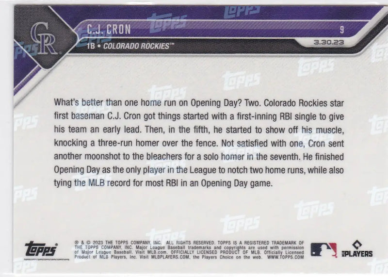 2023 TOPPS NOW #9 CJ CRON- COLORADO ROCKIES - Baseball Card Single