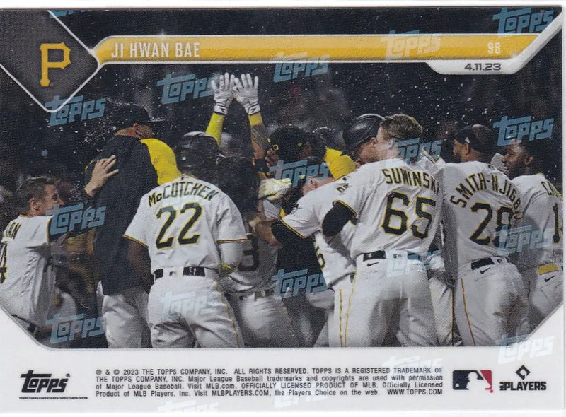 Baseball trading card featuring Pittsburgh Pirates celebration with Ji Hwan Bae 2023 TOPPS NOW