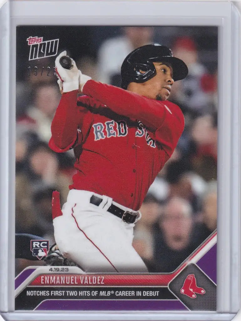 Baseball card of Enmanuel Valdez Boston Red Sox in batting stance, 2023 TOPPS NOW