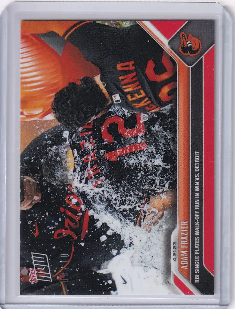 Baseball trading card of Adam Frazier splashing through water for Baltimore Orioles