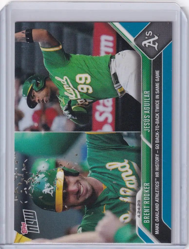 Baseball trading card of Brent Rooker and Jesus Aguilar, Oakland Athletics action shots