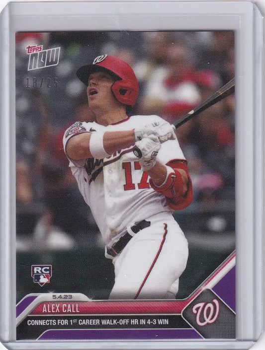 Baseball card of Washington Nationals player Alex Call mid-swing, 2023 Topps Now Parallel