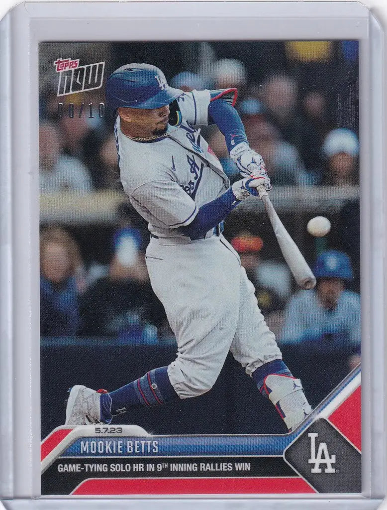 Baseball card of Mookie Betts swinging for the Los Angeles Dodgers in 2023 Topps Now